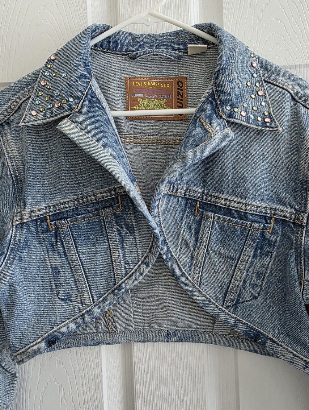 Levis Guizio Large Denim Jacket Cropped Studs Long Bell Sleeve Boho